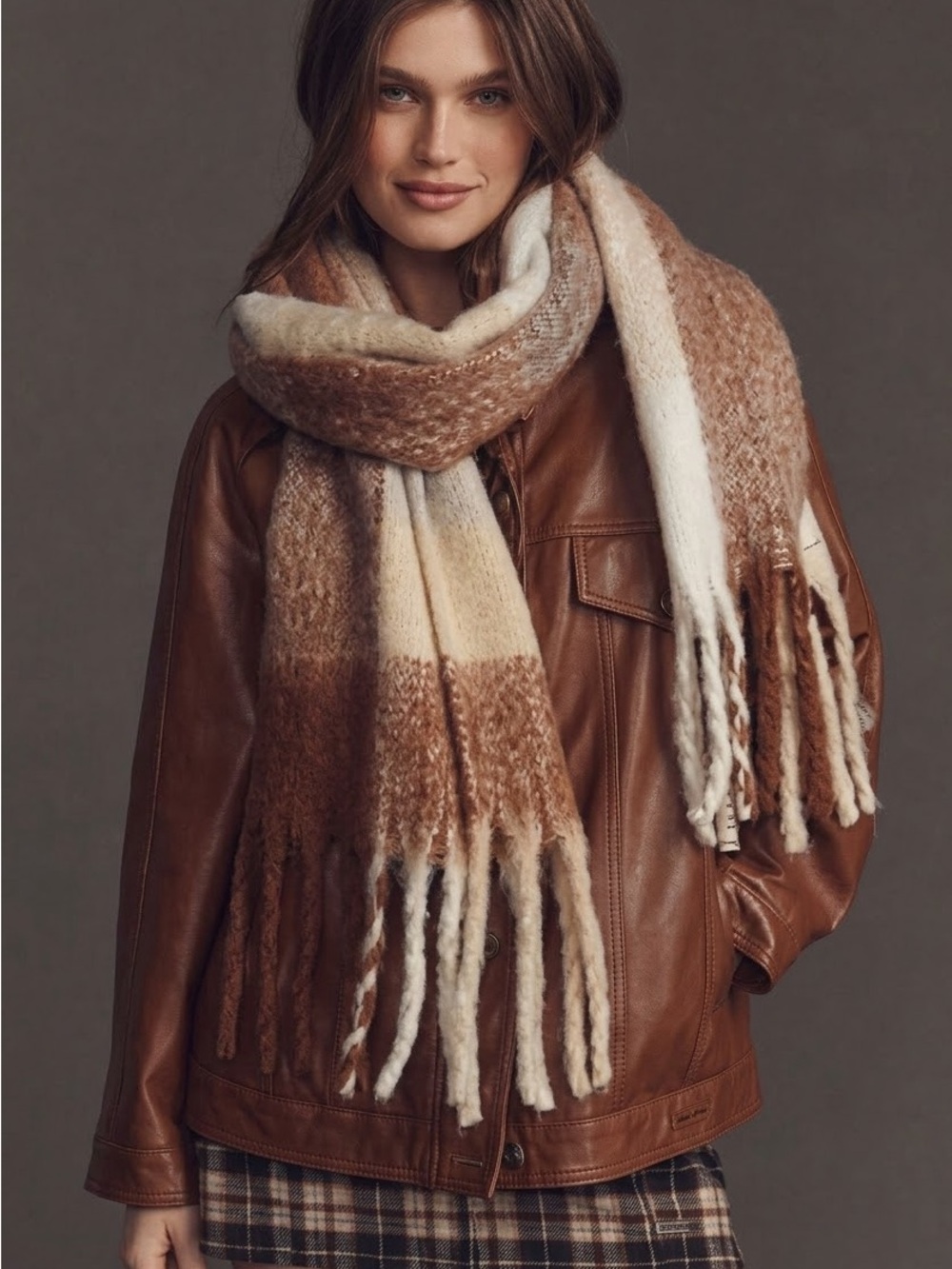 Maeve by Anthropologie Cozy Brushed Plaid Shawl Scarf Wrap Neutral NWT
